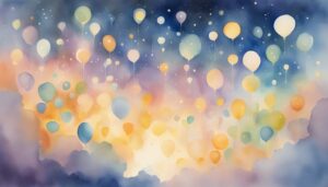 Colorful balloons, watercolor painting, dreamy background.
