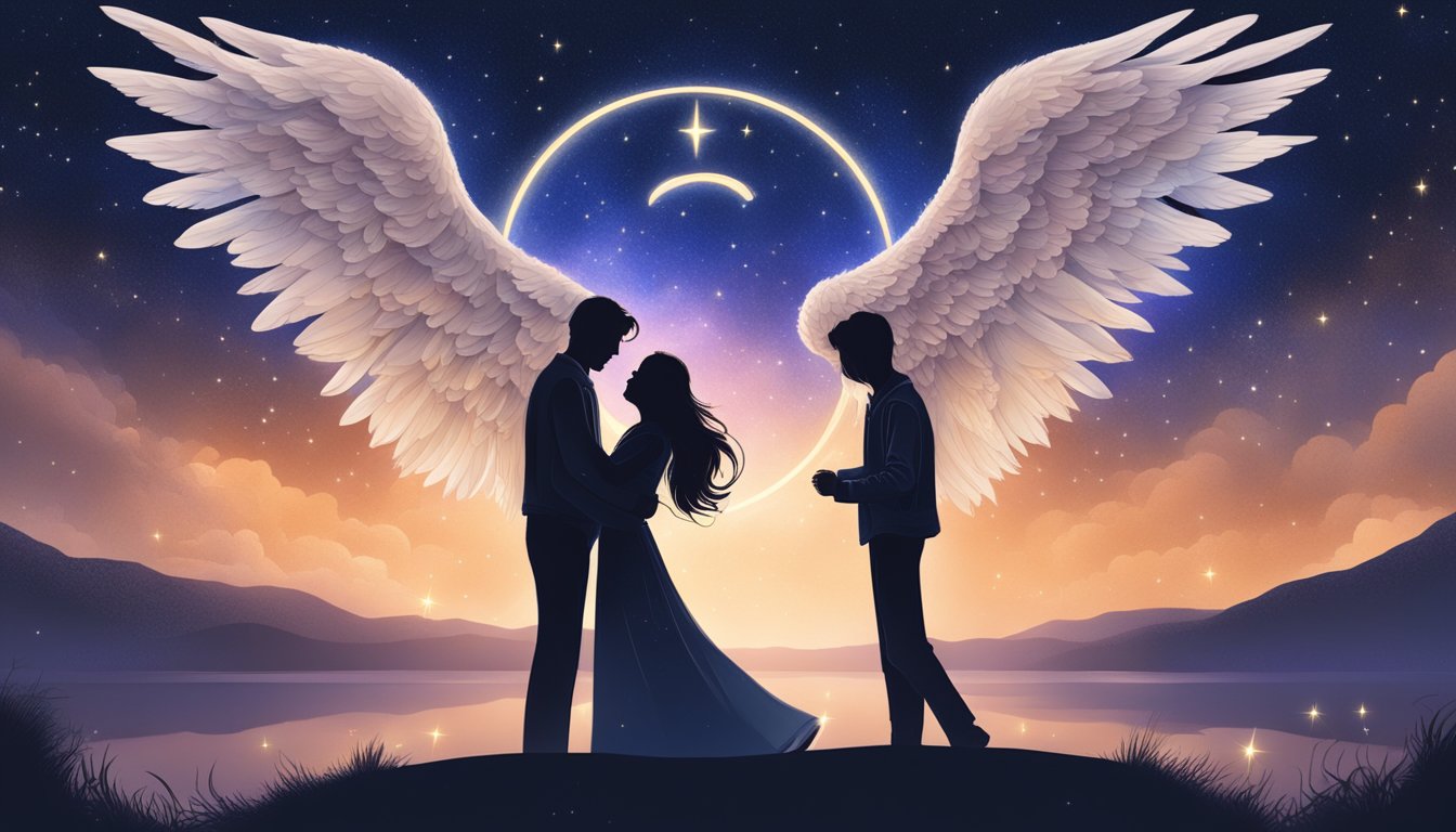 A couple embraces under a starry sky, surrounded by the glow of 666 angel numbers