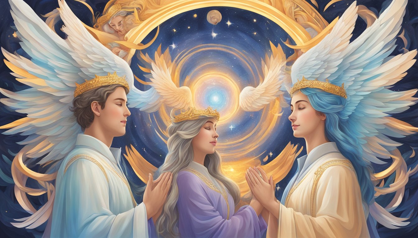 A couple surrounded by four angelic figures, each holding a number: 1, 2, 2, and 2.</p><p>The couple is radiating love and harmony