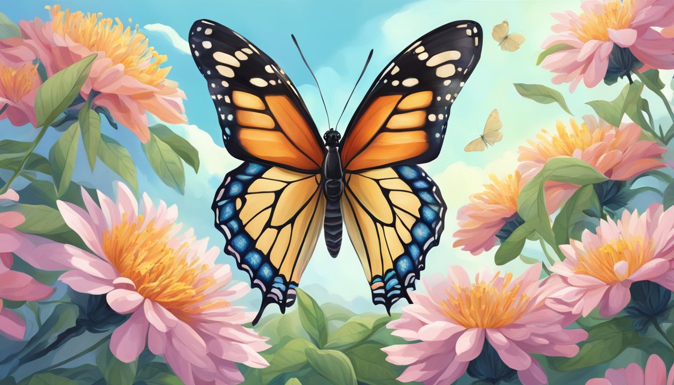 A butterfly emerging from a chrysalis, surrounded by blooming flowers and a bright, open sky