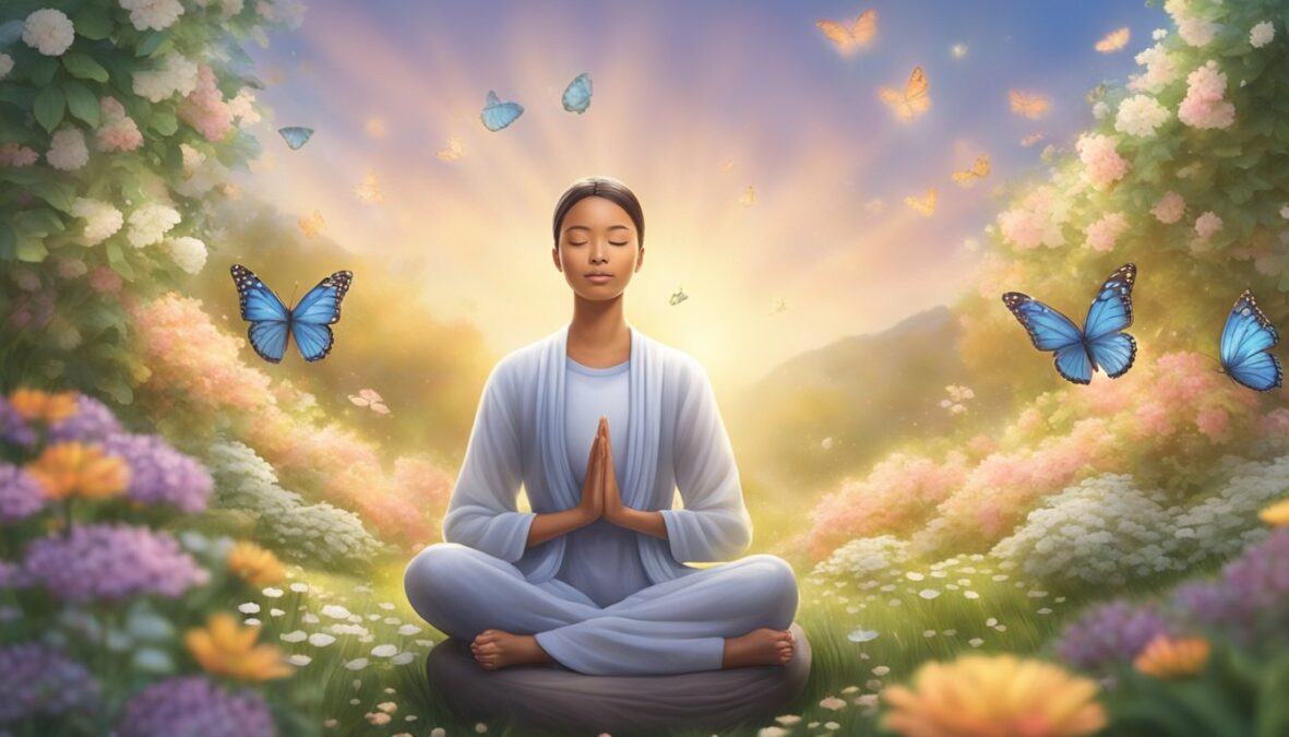 A serene figure meditates in a peaceful garden, surrounded by blooming flowers and gentle butterflies, while a radiant light shines down from the sky, symbolizing the impact of 414 on personal life