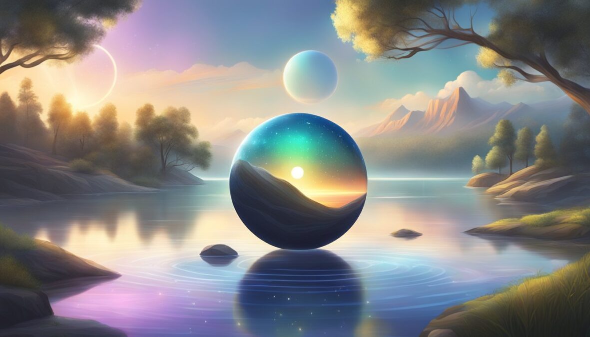 A glowing orb with the number 414 floats above a serene landscape, surrounded by symbols of balance and harmony