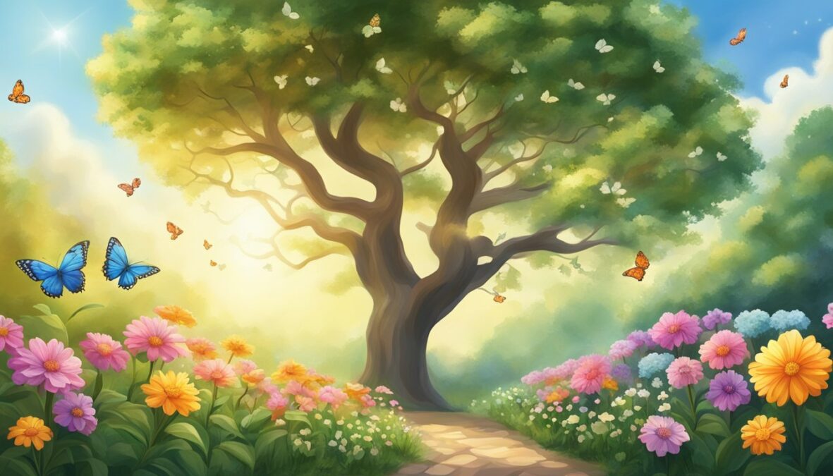A garden with blooming flowers and a tree reaching towards the sky, surrounded by beams of light and butterflies symbolizing spiritual and personal growth