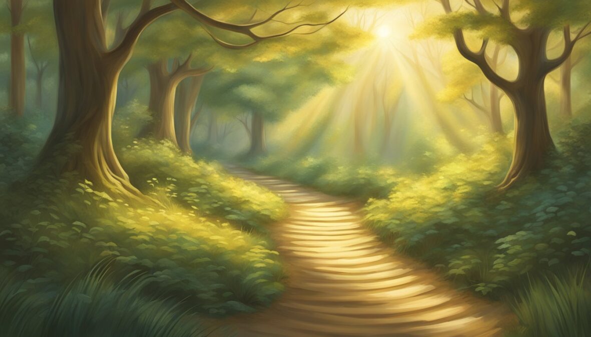 A winding path leads through a serene forest, bathed in soft golden light.</p></noscript><p>A series of ascending numbers, 303, glows faintly along the path, symbolizing spiritual growth