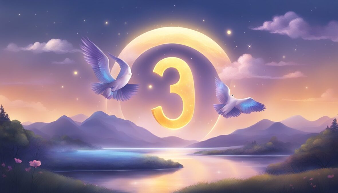 A glowing number "303" hovers above a serene landscape, surrounded by angelic symbols and a sense of peace