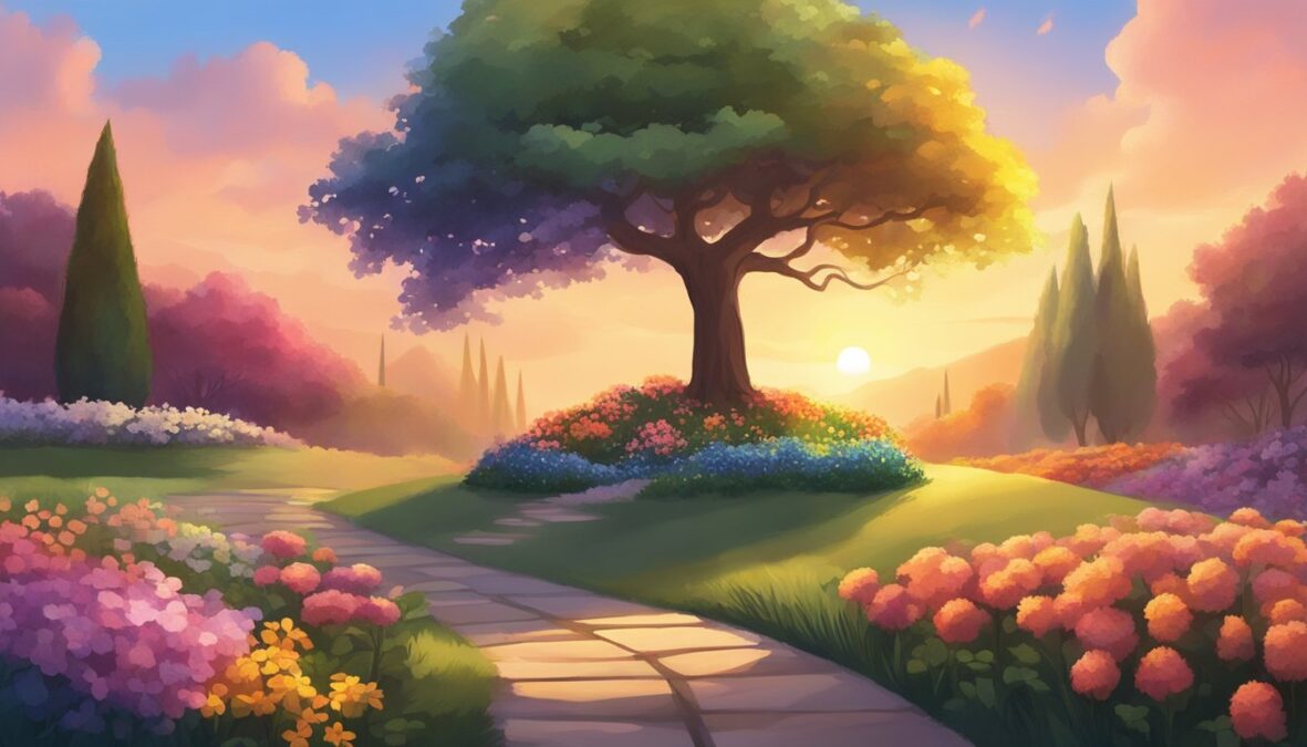 A garden with a lone tree standing tall, surrounded by blooming flowers of various colors.</p></noscript><p>The sun is setting, casting a warm and peaceful glow over the scene