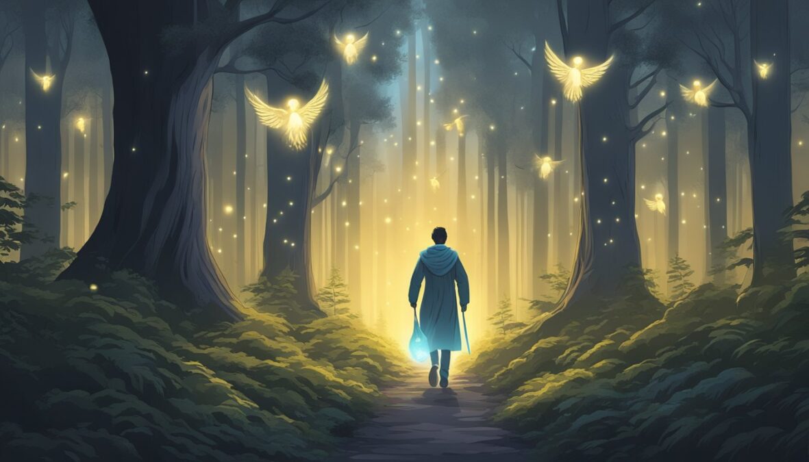 A figure walks through a dark forest, guided by glowing angelic beings.</p><p>The path ahead is illuminated with the 9999 angel number
