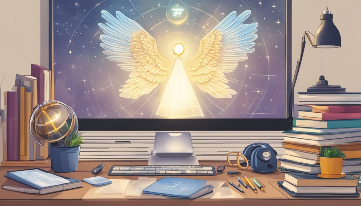 A glowing 9999 angel number hovers above a desk, surrounded by books, a calculator, and a calendar, symbolizing the practical application of numerology in everyday life
