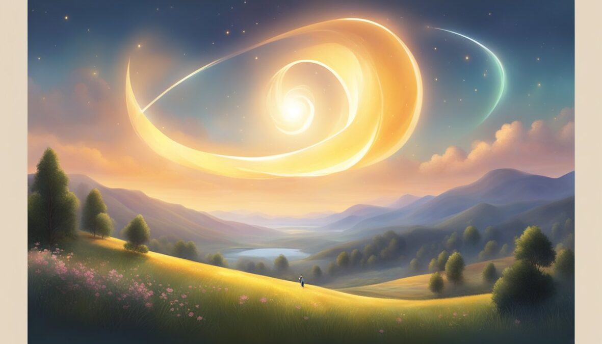 A glowing figure of the number 8888 hovers above a serene landscape, radiating light and warmth, while smaller numbers dance around it in a harmonious display
