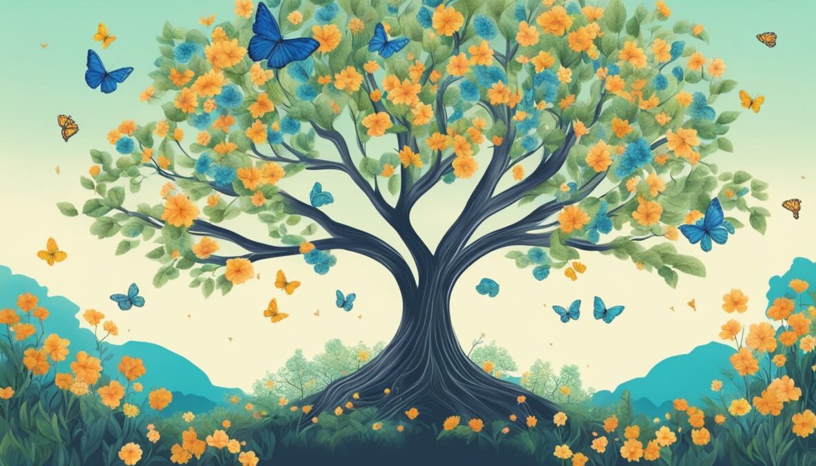 A tree with branches reaching upward, surrounded by blooming flowers and butterflies, symbolizing change and growth