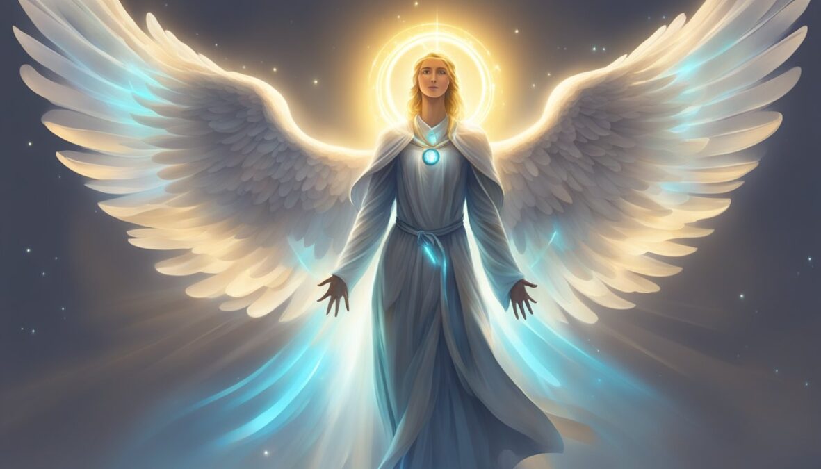A glowing angelic figure hovers over a person, offering guidance and direction.</p></noscript><p>The number 144 shines brightly in the background