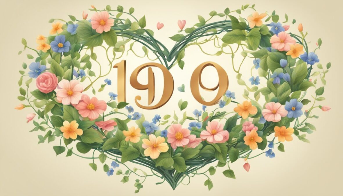 A heart-shaped symbol radiates light, surrounded by intertwining vines and blooming flowers, with the numbers "1919" floating above