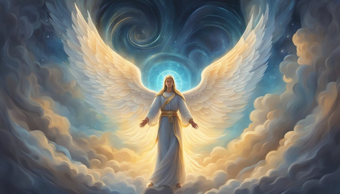 A glowing angelic figure hovers above a backdrop of swirling numbers, radiating a sense of wisdom and guidance