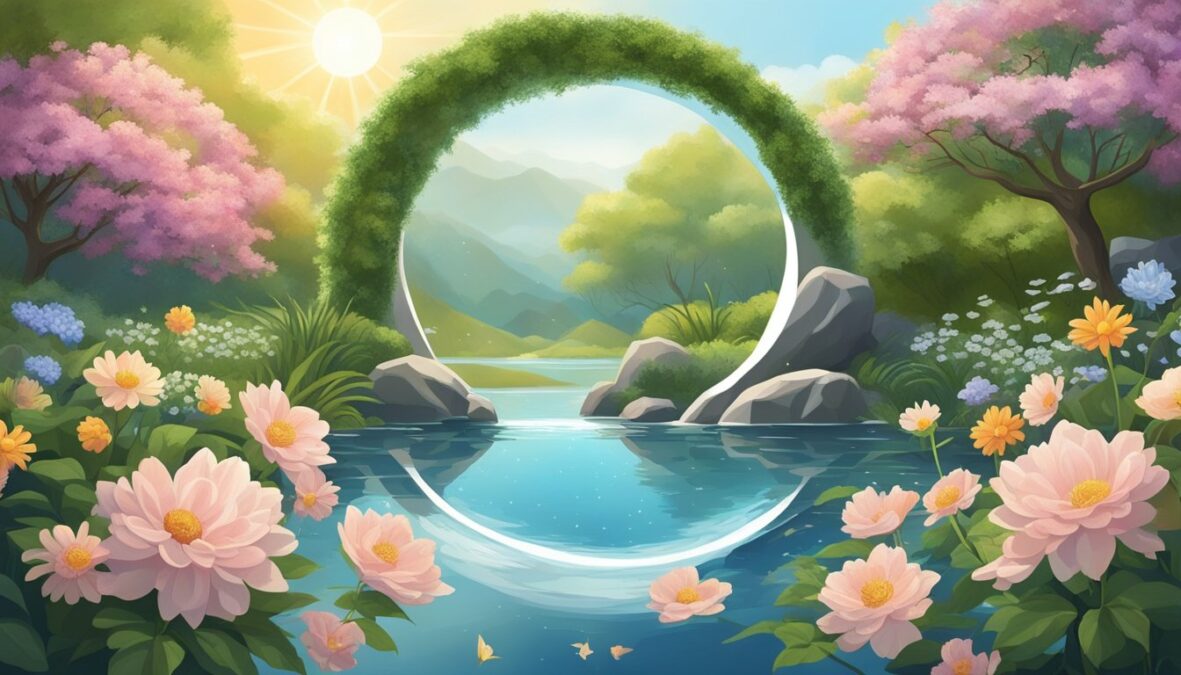 A serene garden with a yin-yang symbol at its center, surrounded by flowing water and blooming flowers.</p></noscript><p>The sun and moon are both visible in the sky, radiating a sense of harmony and balance