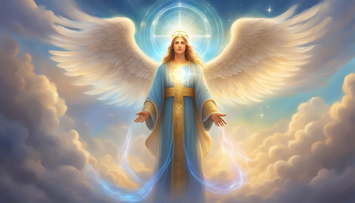 A glowing angelic figure hovers above a person, emanating divine light and a sense of peace.</p></noscript><p>The number 848 is prominently displayed, surrounded by symbols of spiritual enlightenment