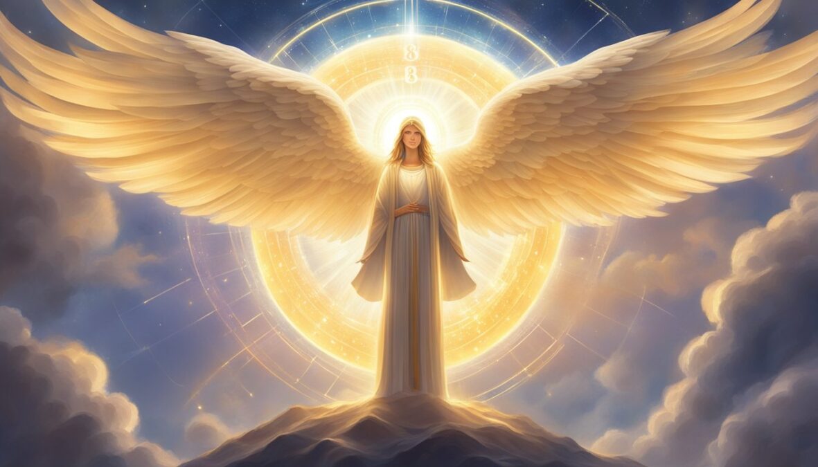 A glowing angelic figure hovers above a set of numbers, radiating a sense of guidance and wisdom.</p></noscript><p>The numbers "838" stand out prominently, surrounded by a celestial aura