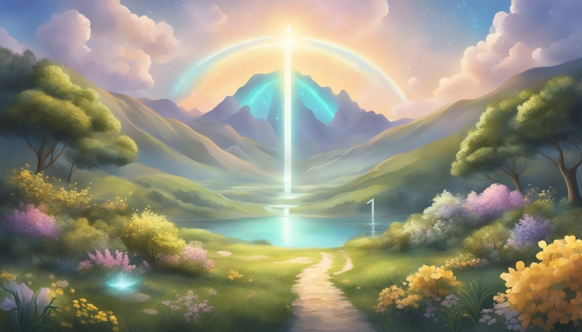 A glowing 11 angel number hovers above a serene landscape, surrounded by symbols of abundance and purpose