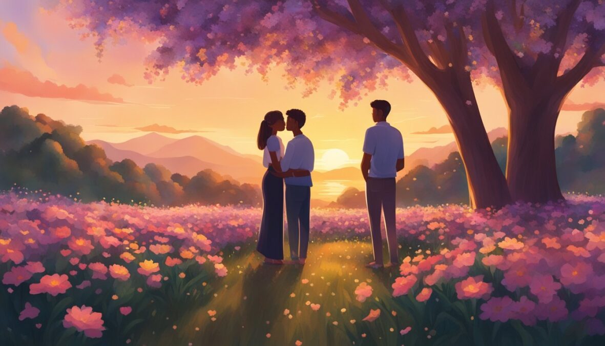 A couple stands under a tree, surrounded by 858 flowers.</p></noscript><p>The sun sets, casting a warm glow on them, as they embrace, symbolizing the impact of 858 on love and relationships