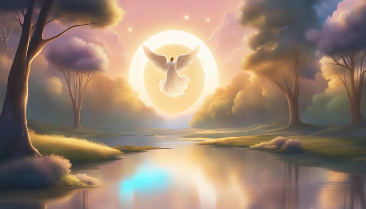 A glowing 858 angel number hovers above a serene landscape, surrounded by celestial light and a sense of peace