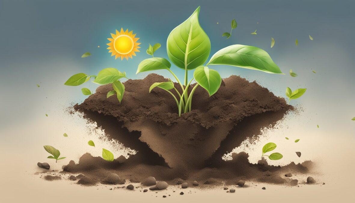 A seedling breaking through the soil, reaching towards the sunlight, surrounded by symbols of growth and transformation