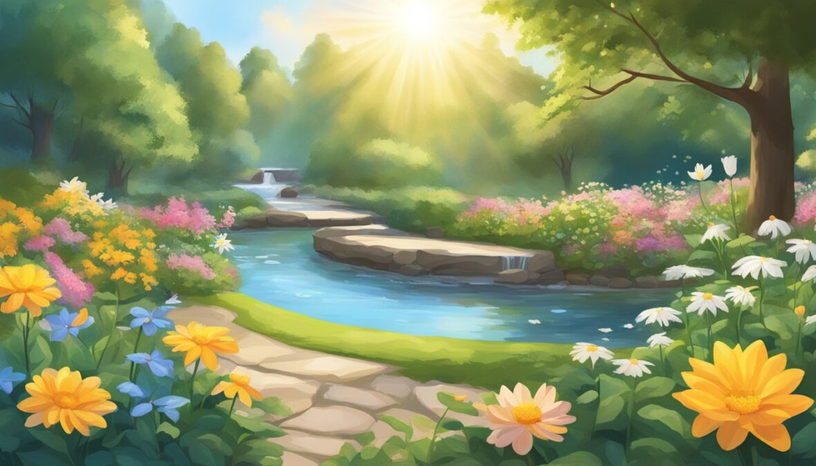 A serene garden with blooming flowers, a flowing stream, and a bright sun, symbolizing growth, harmony, and positivity influenced by 3131 angel number