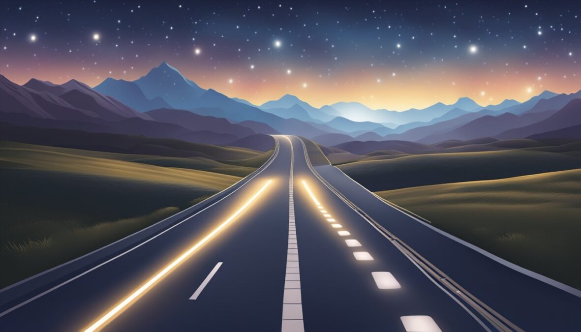 A road stretching into the distance, with the numbers 3131 repeated along the path, surrounded by bright, guiding lights