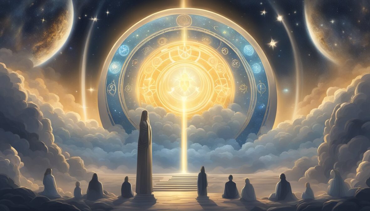 The scene depicts a glowing halo above the number 322, surrounded by celestial symbols and a sense of divine presence