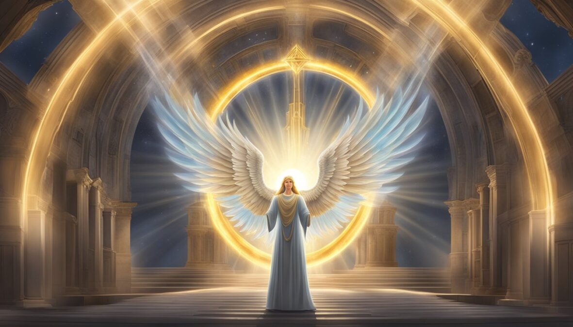 A glowing halo surrounds the number 322, with angel wings extending from either side.</p></noscript><p>Rays of light emanate from the center, creating a sense of divine presence