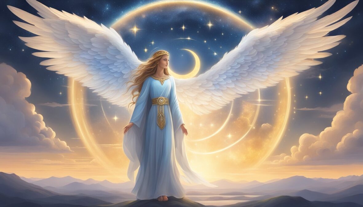 A glowing angelic figure hovers above a serene landscape, surrounded by celestial symbols and radiating a sense of peace and guidance