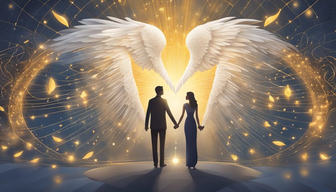 A couple holds hands, surrounded by 141 angel numbers.</p></noscript><p>Love radiates from their connection, while the numbers symbolize divine guidance and support in their relationship
