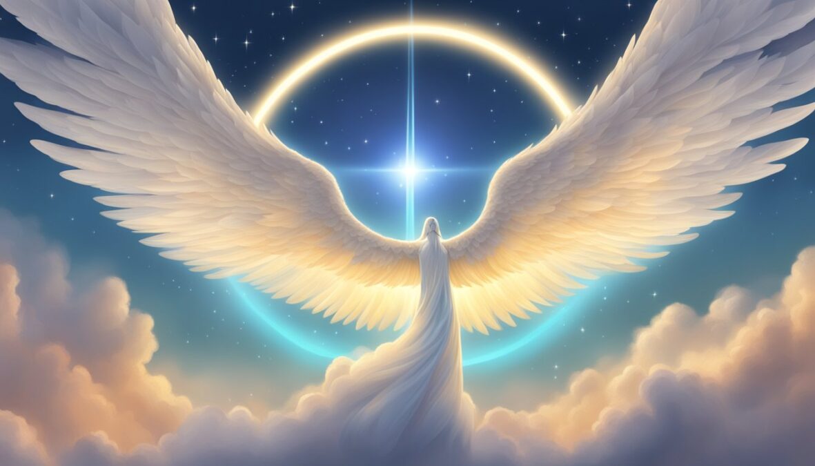 A glowing halo hovers over the number 141, while angelic wings spread out in the background