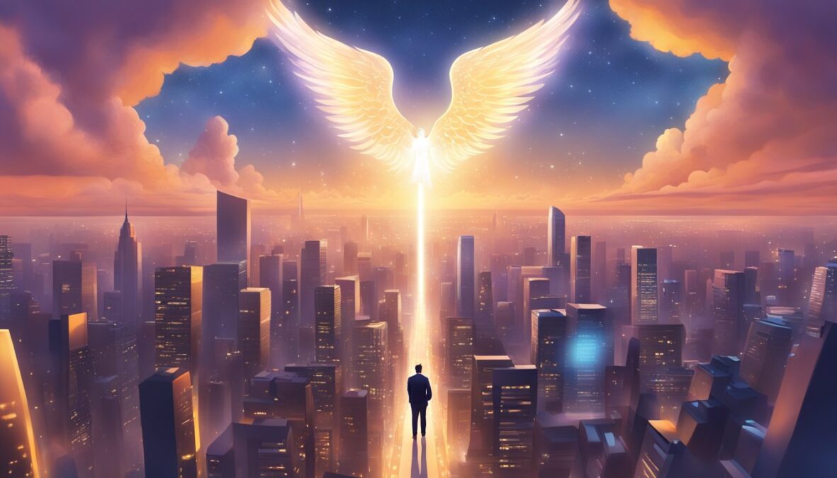 A glowing 2020 angel number hovers above a city skyline, radiating light and energy, with people below looking up in awe
