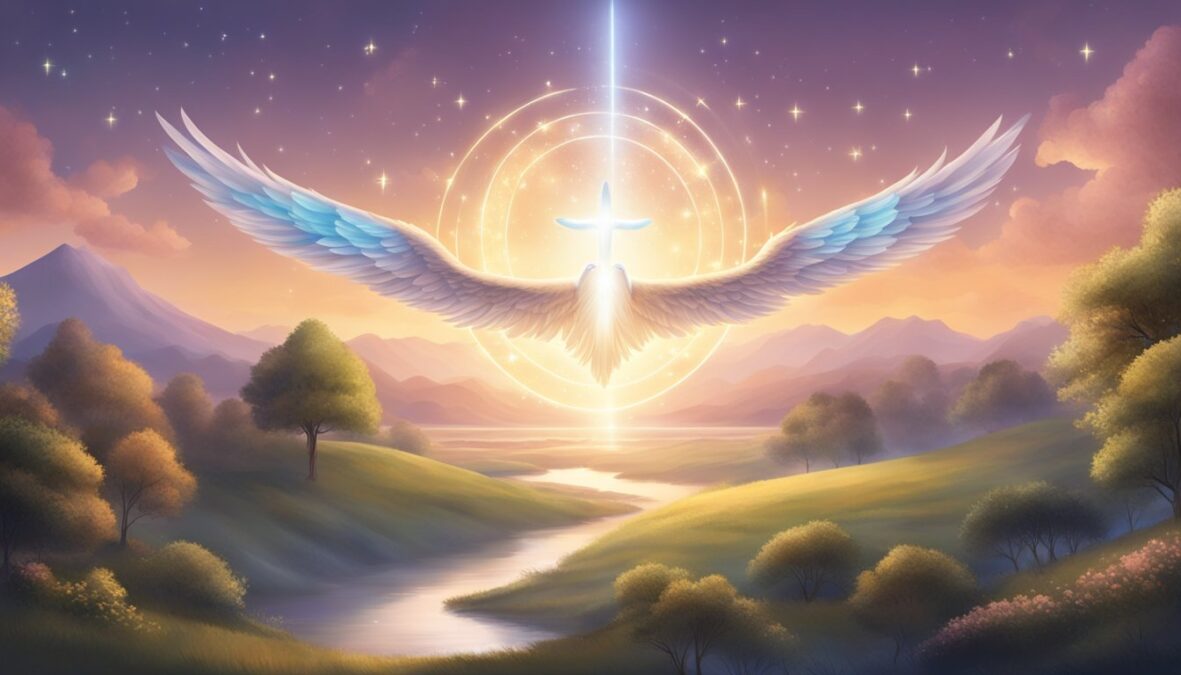 A glowing 3434 3434 angel number hovers above a serene landscape, surrounded by celestial symbols and a sense of divine guidance