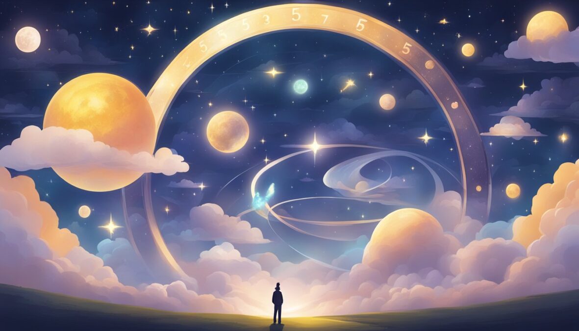 A glowing number 535 hovers above a serene landscape, surrounded by celestial symbols and angelic figures