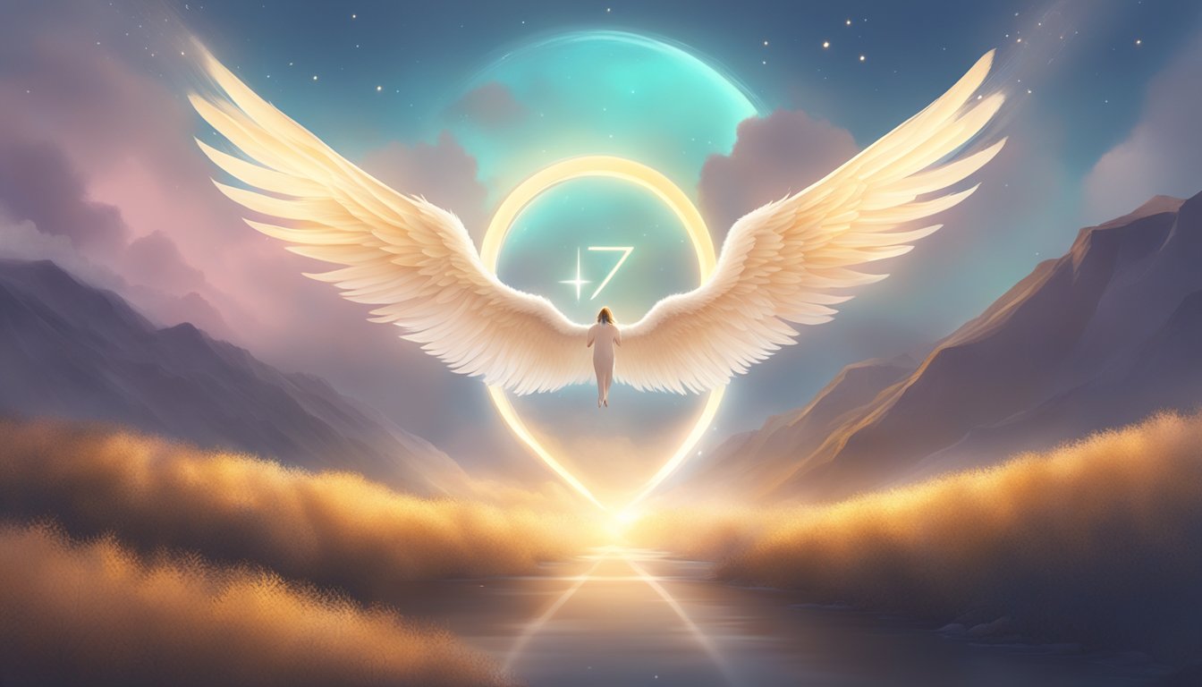 A glowing 4747 angel number hovers above a serene landscape, surrounded by ethereal light and gently floating feathers