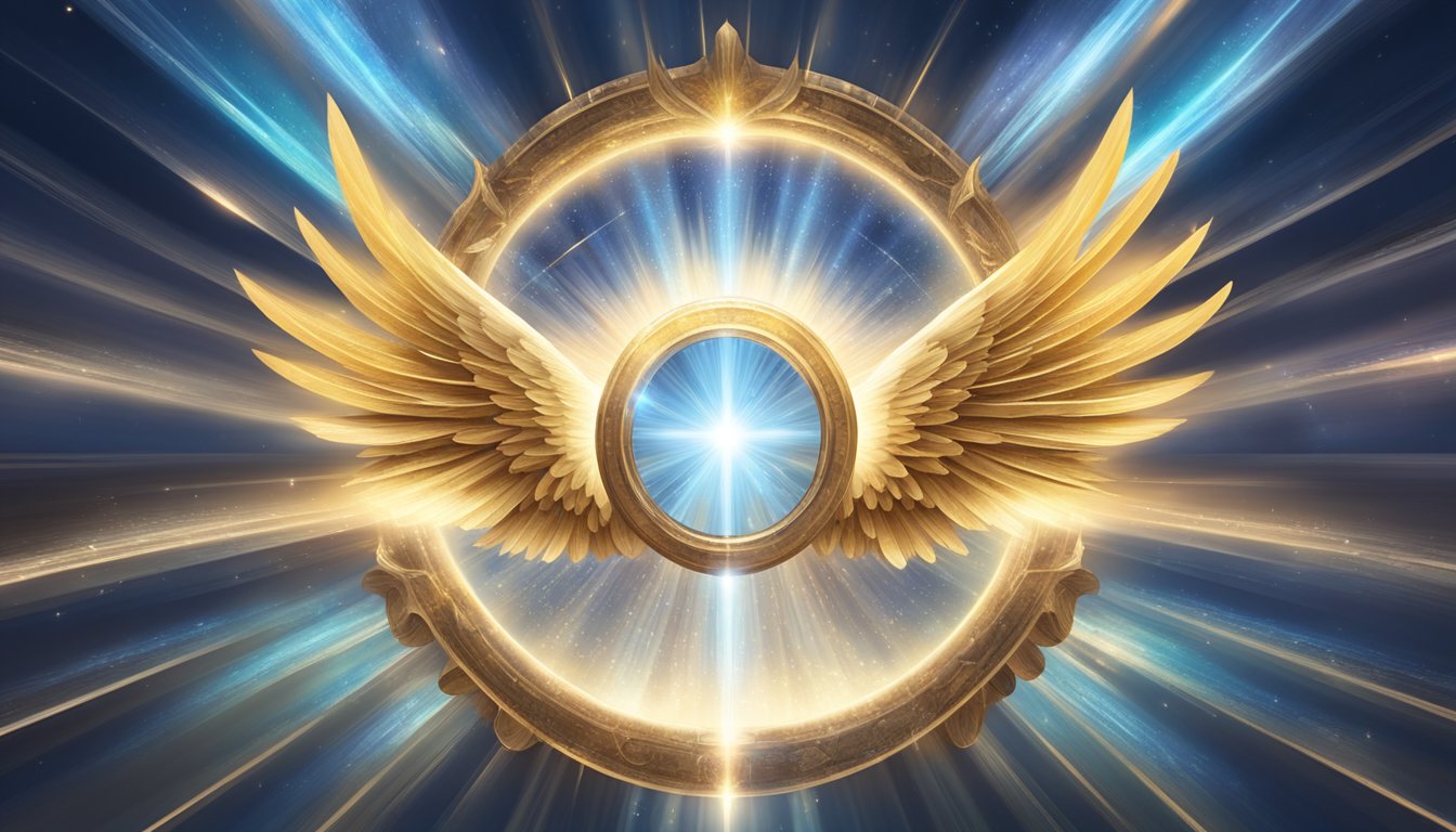 A glowing halo surrounds the numbers 4747, with angelic wings extending from either side.</p></noscript><p>Rays of light emanate from the center, creating a sense of divine presence