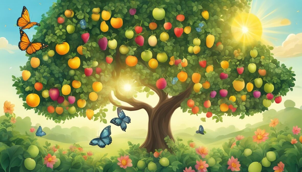 A garden with a tree bearing 525 fruits, each showing growth stages.</p></noscript><p>The sun shines, and butterflies flutter around