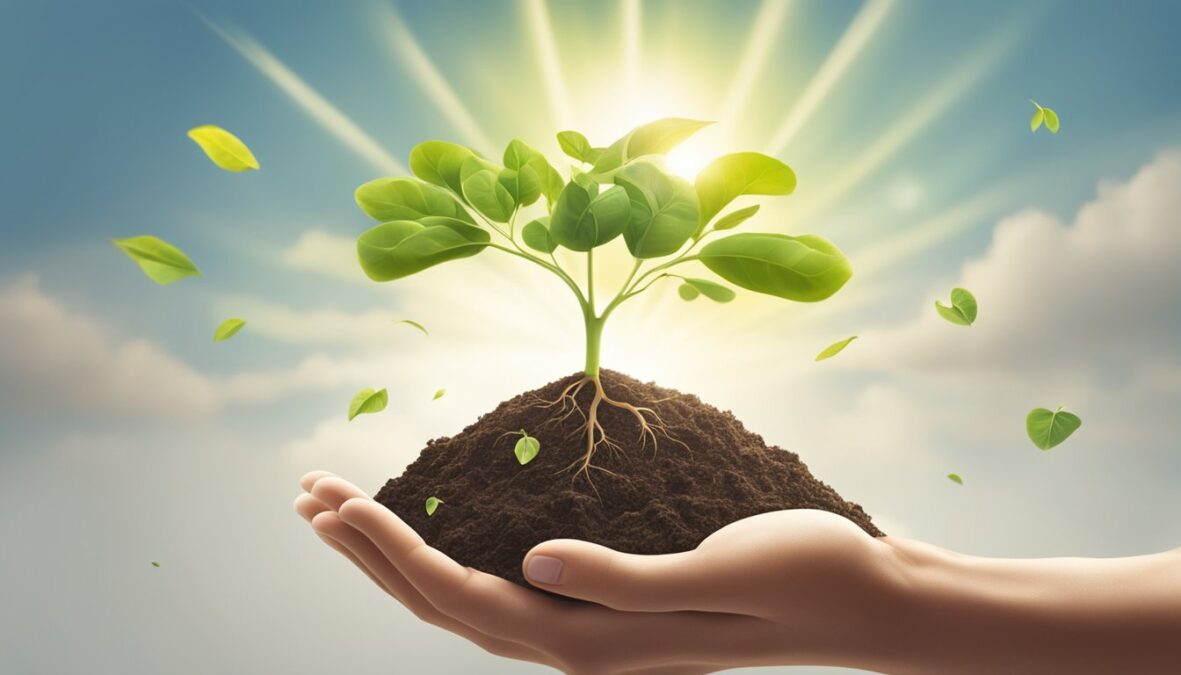 A seedling sprouting from the earth, reaching towards the sunlight, surrounded by symbols of growth and opportunity