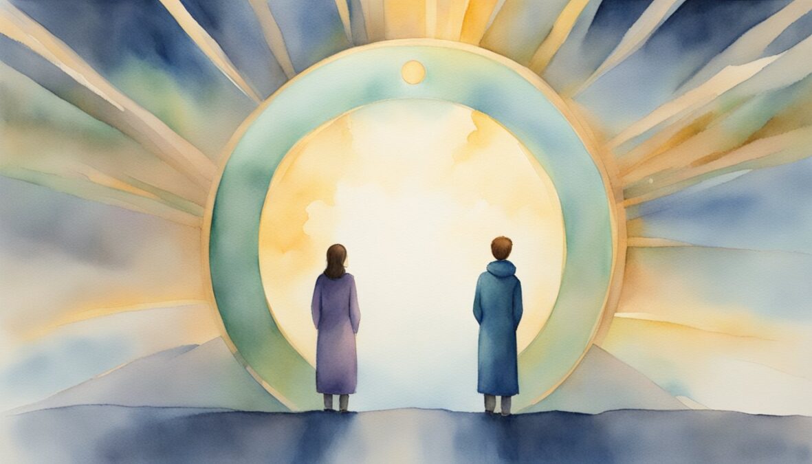 A couple stands facing each other, surrounded by a halo of light.</p></noscript><p>The number 3030 hovers above them, radiating a sense of unity and harmony