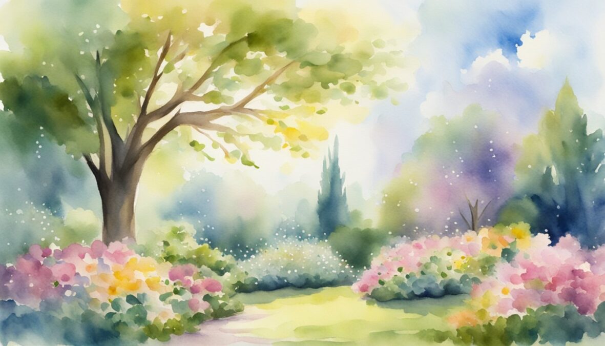 A garden with blooming flowers and a tree reaching towards the sky, surrounded by rays of light and a sense of peace and tranquility