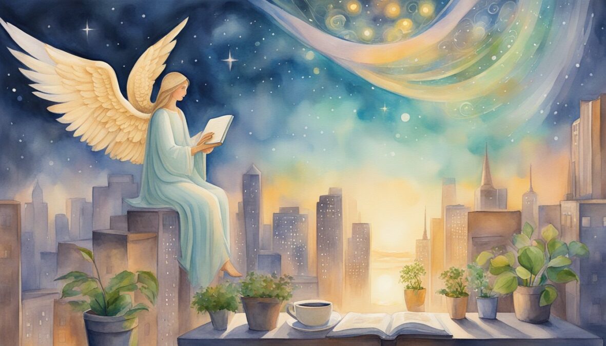 A glowing angelic figure hovers above a city skyline, surrounded by symbols of everyday life - a cup of coffee, a computer, a book, and a plant