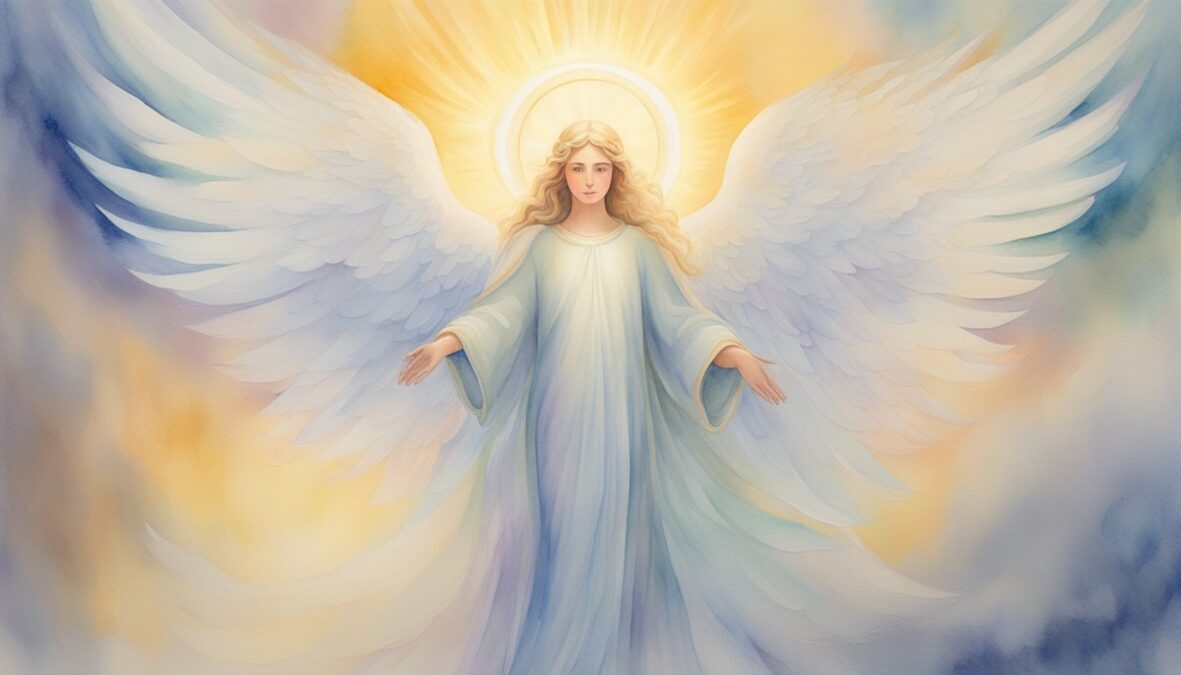 A glowing angelic figure hovers over the number 545, surrounded by a halo of light and a sense of peace and guidance