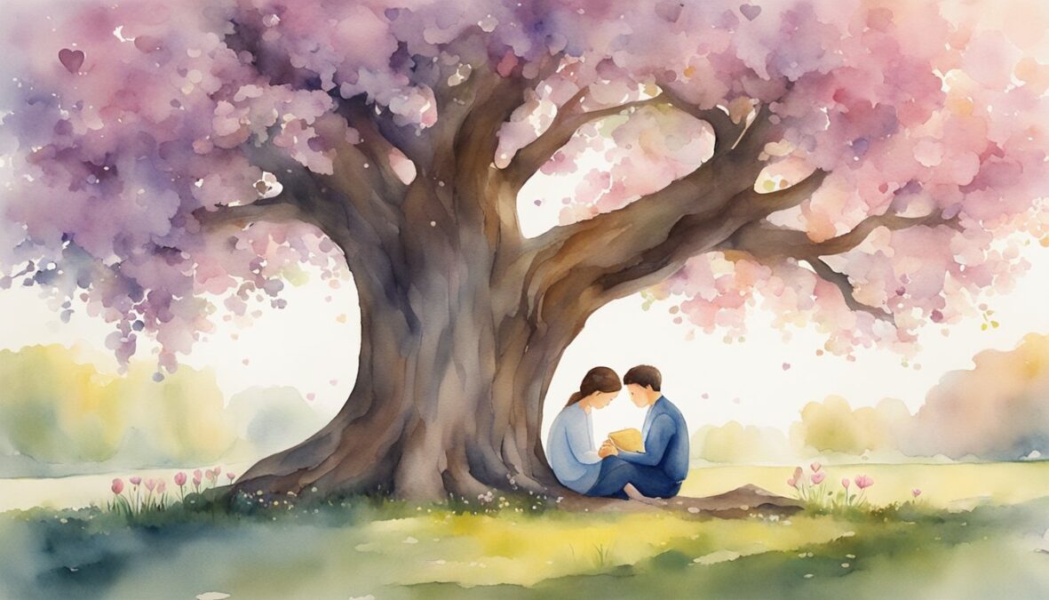 A couple sits under a tree, surrounded by blooming flowers.</p></noscript><p>The number 633 is carved into the tree trunk, with a heart drawn around it