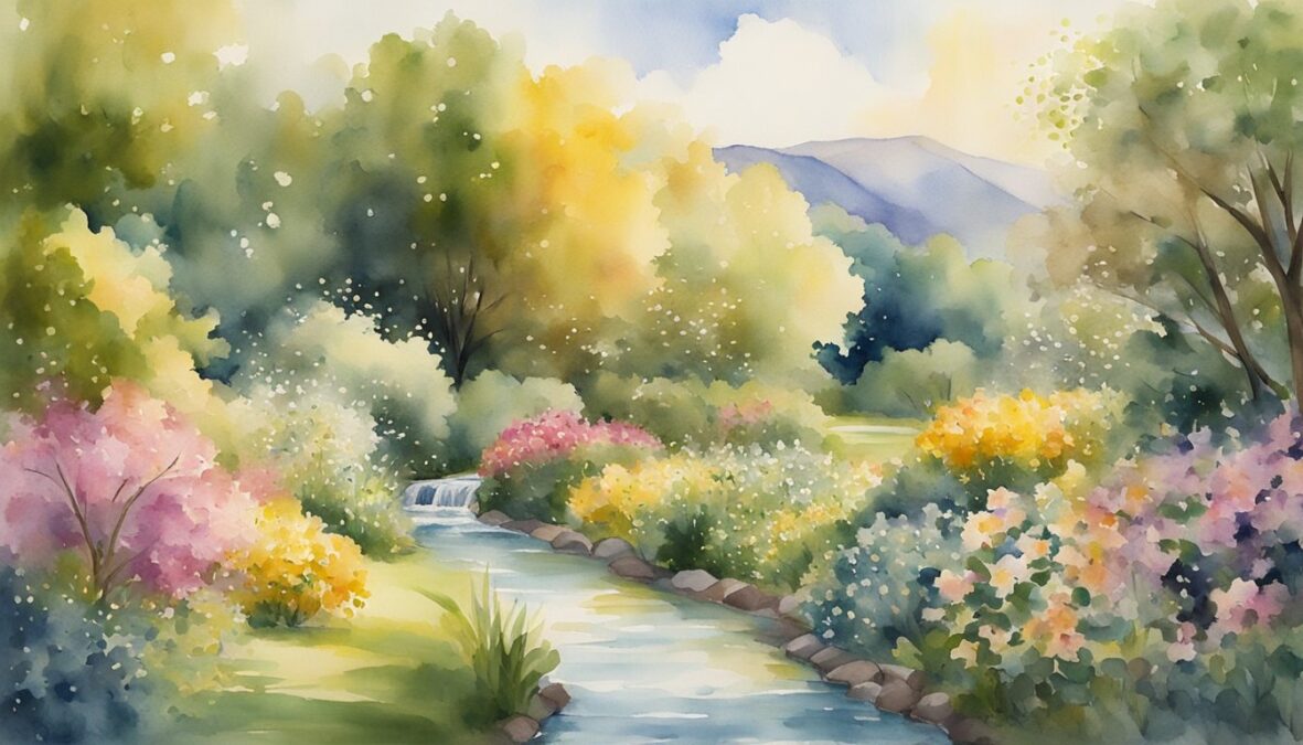 A lush garden with blooming flowers, overflowing fruit trees, and a flowing stream, surrounded by golden light and the presence of the 633 angel number