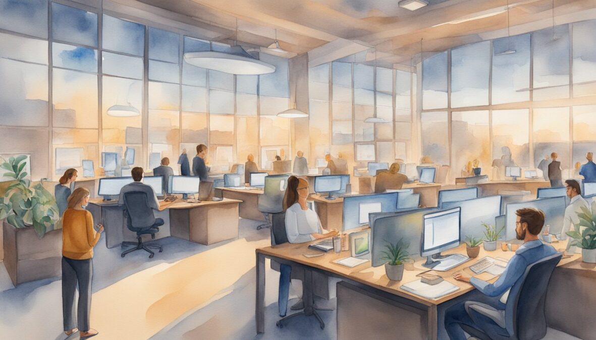 A bustling office with people focused on tasks, while a glowing 733 733 angel number hovers above, emanating a sense of guidance and purpose