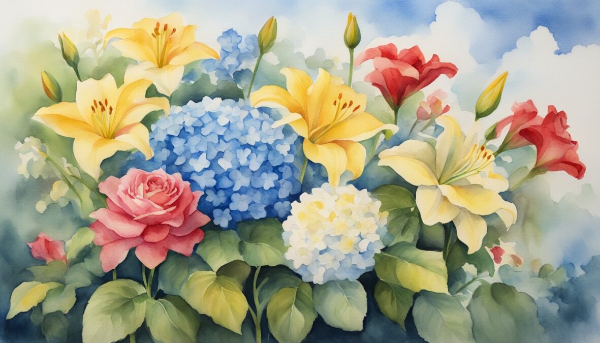 A garden blooms with 7 red roses, 3 yellow lilies, and 3 blue hydrangeas under a sky filled with 3 white clouds