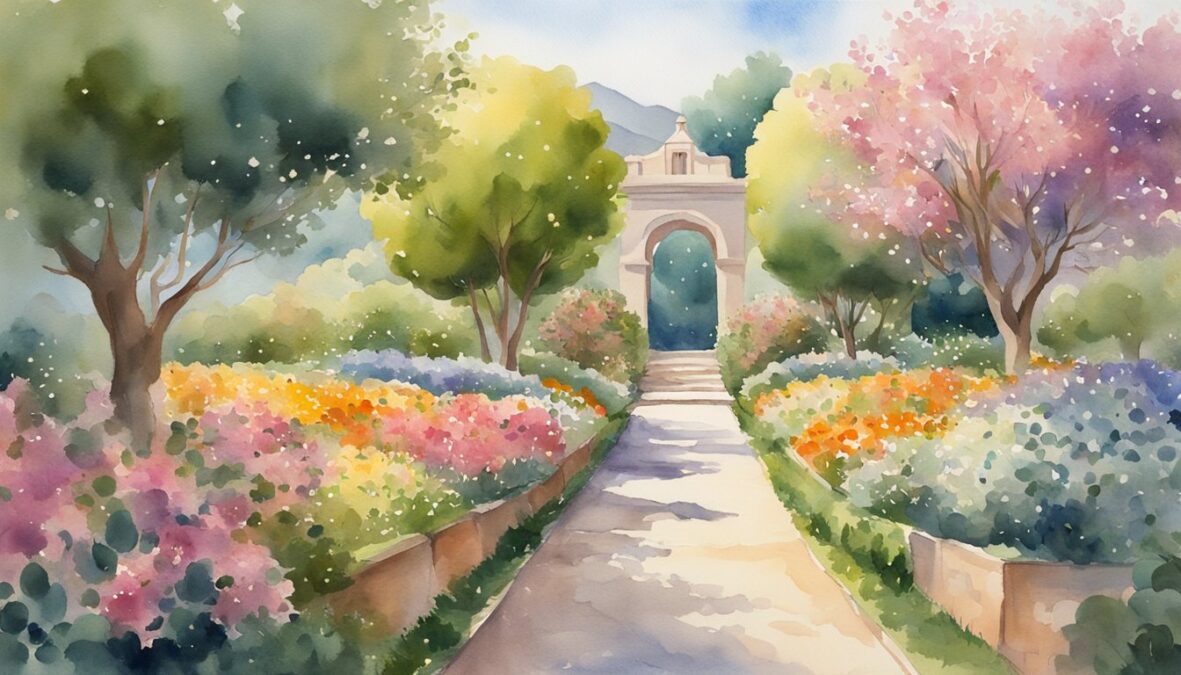 A lush garden with blooming flowers, overflowing fruit trees, and a clear path leading to a golden gate.</p></noscript><p>The sky is filled with bright, shining stars and the air is filled with a sense of peace and prosperity