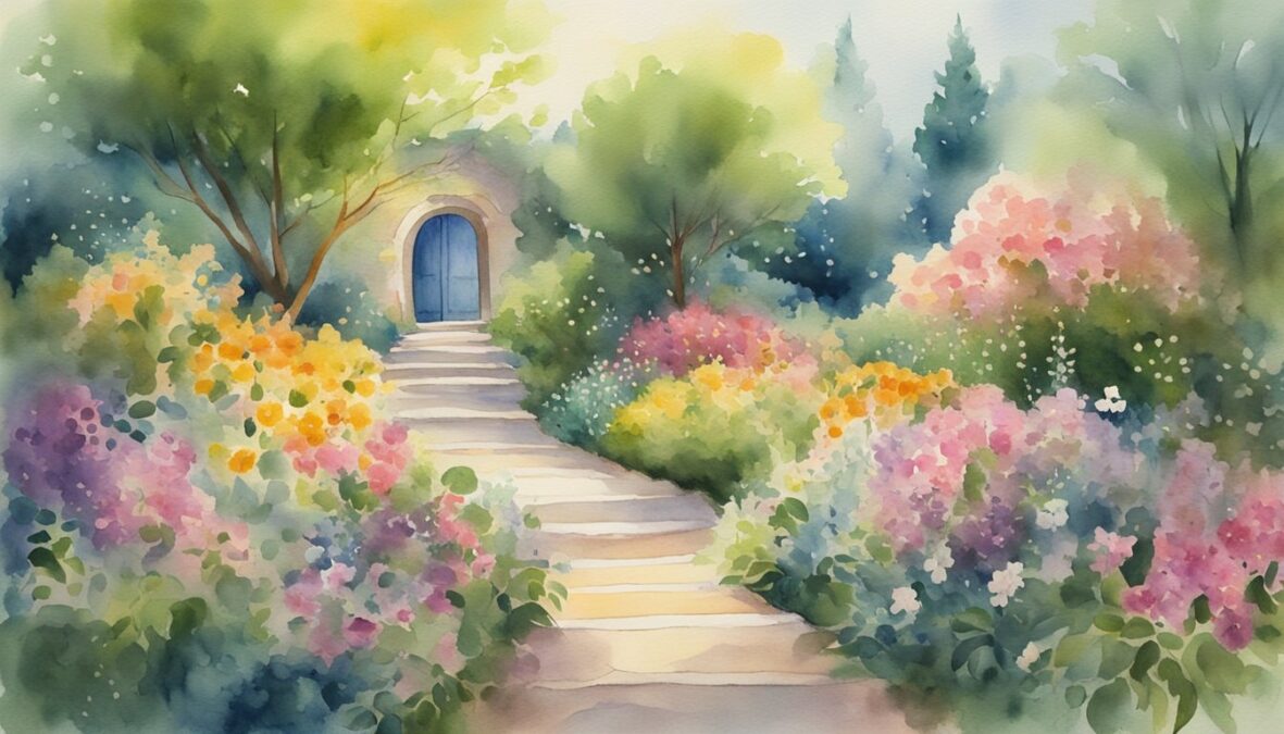 A winding path leads to a glowing, ethereal doorway marked with the number 44444, surrounded by blooming flowers and vibrant greenery