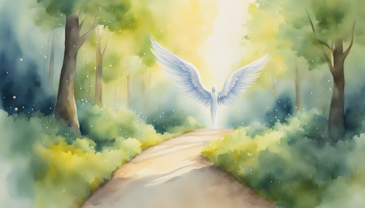 A bright, glowing 955 angel number hovers above a path leading towards a successful career and personal growth