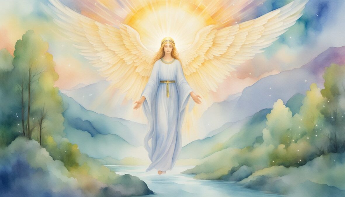 A bright, glowing angelic figure hovers above a tranquil landscape, surrounded by symbols of divine guidance and protection